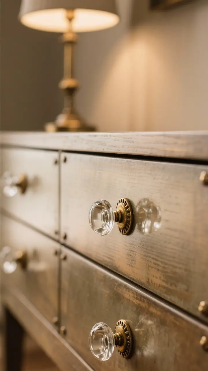 Closeup detail of a dresser drawer front featuring swapped hardware: clear glass knobs and aged brass pulls on a softly patinated wood surface; screws neatly fitted; warm reflections tying into nearby lamp metal; sharp focus on textures and metal finishes.