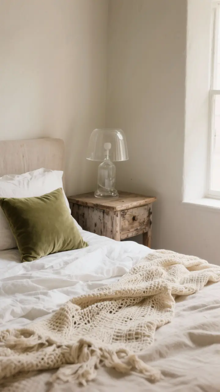 Closeup detail shot of layered textiles on a bed: rumpled natural linen sheets in warm white, a cream crochet throw draped casually, and a small sage velvet cushion; side of an aged wood nightstand beside a clear glass lamp to mix matte and shiny; tight, muted palette, soft diffused window light emphasizing texture contrast.