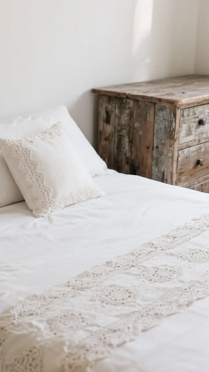 Closeup of lace used sparingly: crisp white bedding with a single lace-edged pillow, lace runner on a dresser, contrasted by a rough reclaimed wood surface; everything else pared back; soft, diffused light highlighting the delicate pattern without feeling fussy.