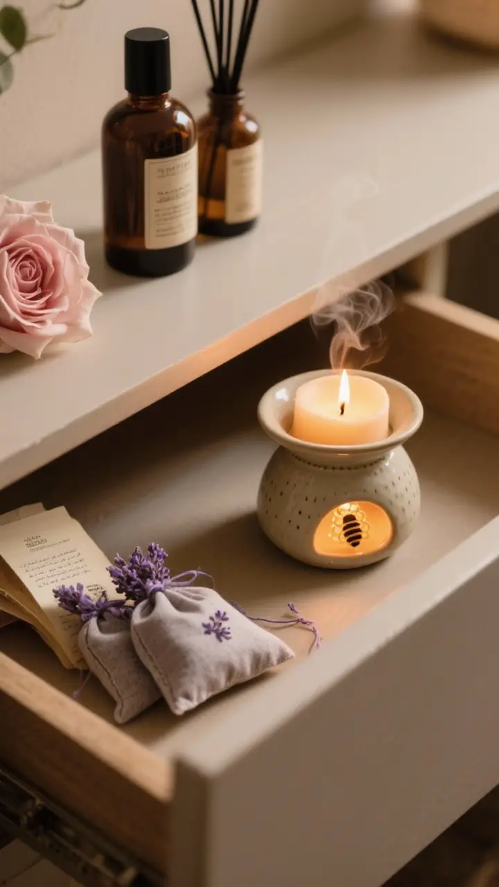 Closeup scent vignette: a ceramic oil burner with a hint of steam, a beeswax candle glowing softly, and lavender sachets tucked in an open drawer edge; notes of rose or sandalwood bottles nearby; warm, intimate lighting suggesting subtle aroma.