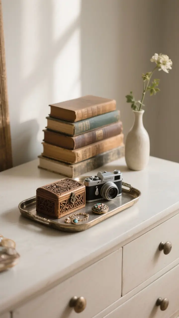 Closeup vignette on a dresser: a small tray corralling heirlooms—a carved jewelry box, a vintage camera, and a few trinkets—stacked old books beside a simple bud vase; casual, non-precious arrangement; soft morning light and shallow depth of field to keep it intimate.