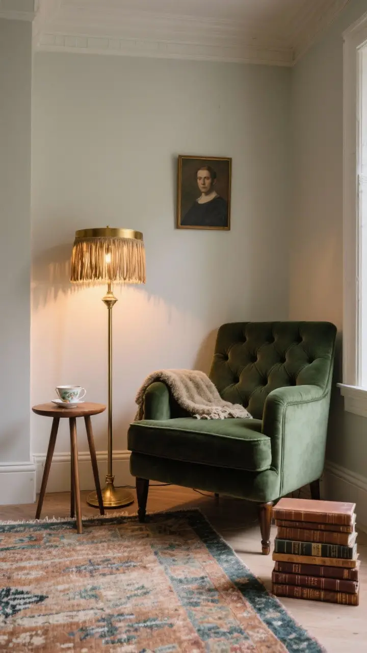 Cozy corner medium shot: Reading nook with a tufted chair in dark green, a fringed brass floor lamp casting a warm pool of light, a small side table holding a teacup; a plush throw over the arm; a rug defining the area and stacks of leather-bound books; a single portrait at eye level anchoring the space.