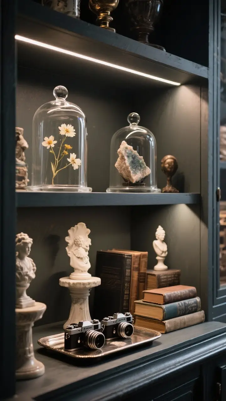 Detail closeup: Curiosities curated under glass—glass cloches housing pressed flowers and a mineral specimen, antique cameras arranged on a tray, porcelain figurines, and books used as pedestals to vary height; moody side lighting to enhance shadows and the cabinet-of-curiosities vibe.