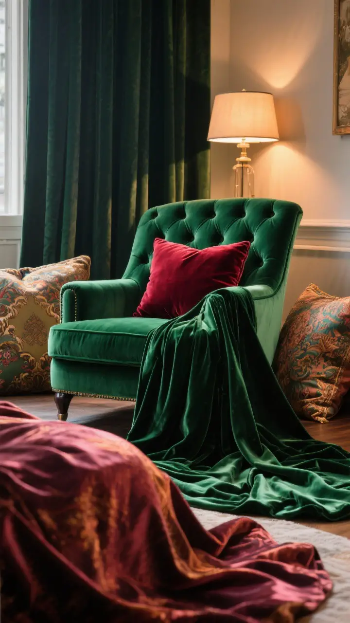 Detail closeup: Lush velvet textiles—emerald velvet upholstered armchair with tufting, ruby velvet throw pillow, and heavy velvet curtains puddling elegantly on the floor; nearby silk and brocade cushions for tactile contrast; warm lamplight grazing the pile to show the rich texture and depth.