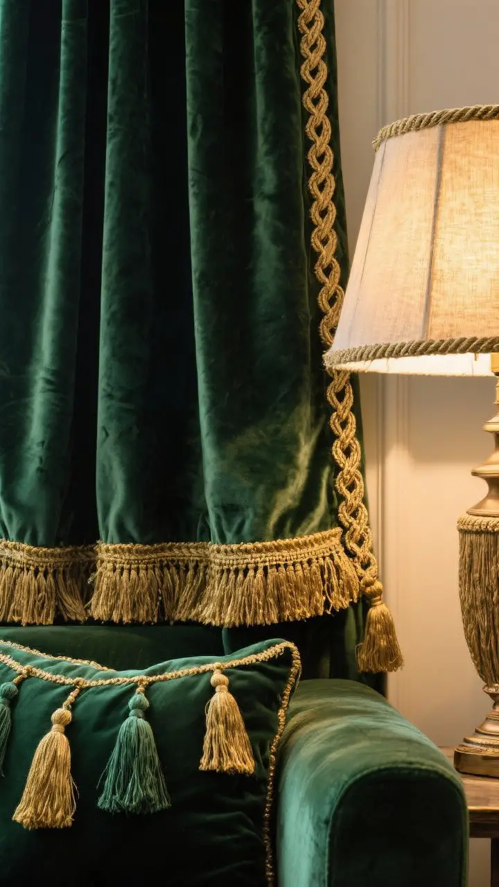 Detail closeup: Trims and tassels—bullion fringe along the bottom of velvet curtain panels, braided gimp trim edging a lampshade (DIY feel), and tonal tassels on a pillow; mix of tonal emerald and gold for subtle richness; warm lamp light emphasizing texture.