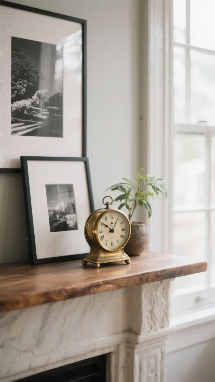 Detail shot of a vintage clock vignette: a petite brass mantel clock with a quiet face, grouped with a framed black-and-white photo and a small plant; wood surface underneath; serene, tick-tock ambiance implied; gentle window light creating a calm scene.