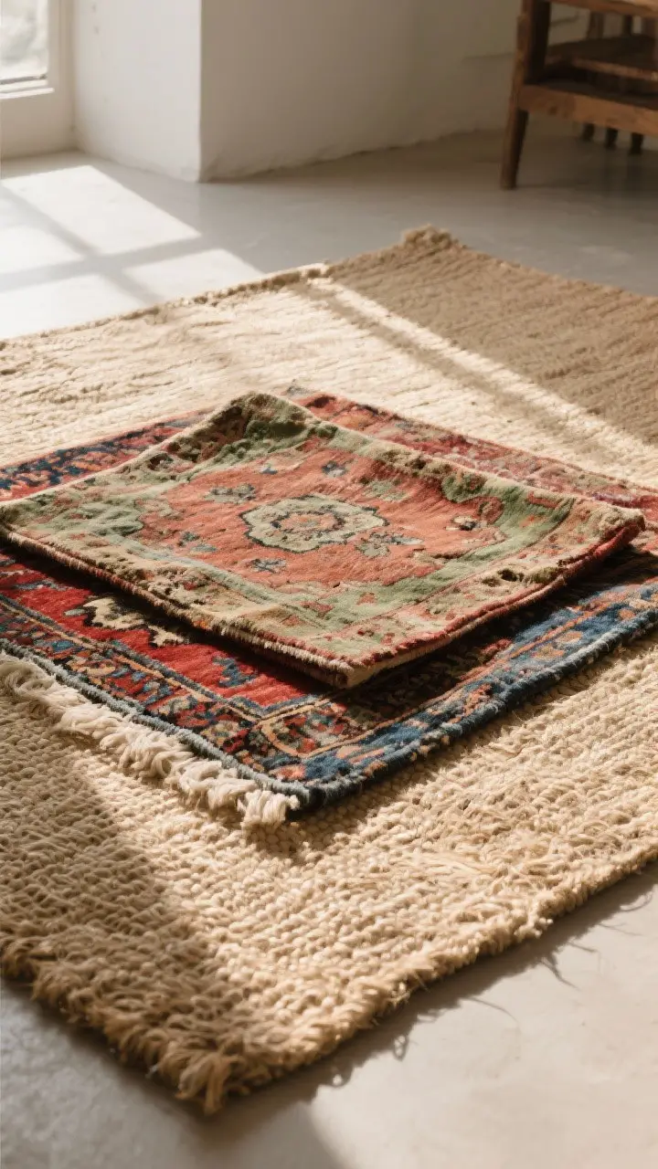 Low-angle medium shot of layered rugs: a large natural jute rug grounding the space with a smaller faded Persian in earthy reds, indigo, and olive layered on top; slight wear marks visible; sunlight grazing the fibers, creating depth; rug pad edge barely glimpsed for realism.