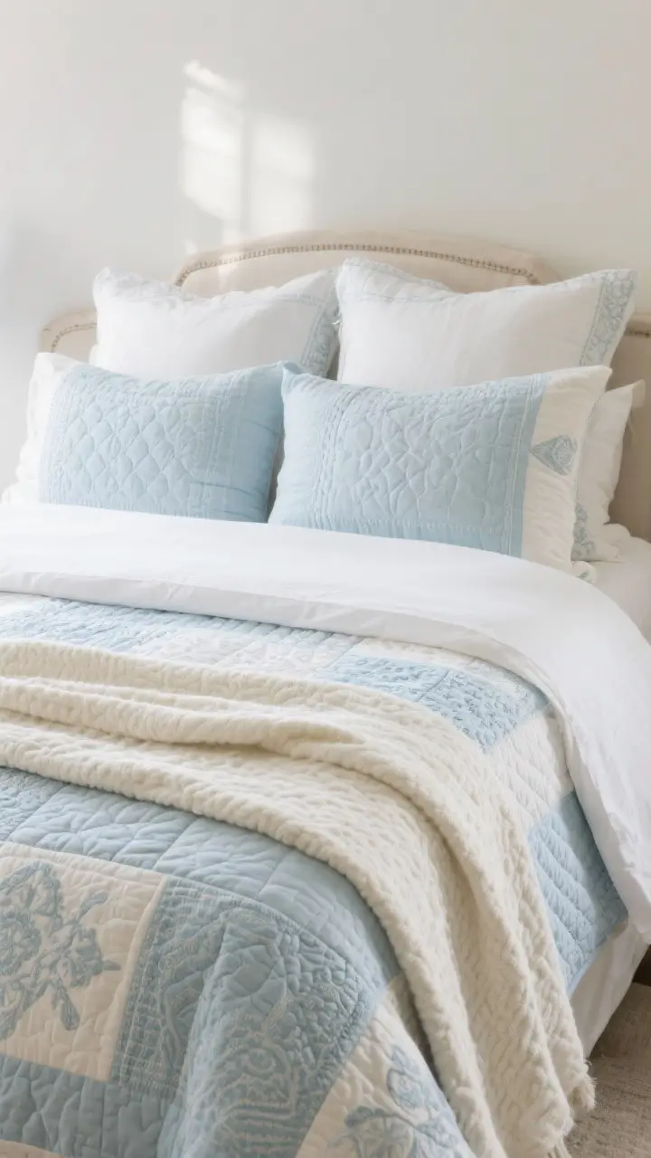 Medium bed shot focusing on quilts and matelassé: a light, pale blue quilt layered under a heavier cream throw, patterns mixed within the same color family; Euro shams propped at the head for structure; tactile, timeless textiles under soft daylight.