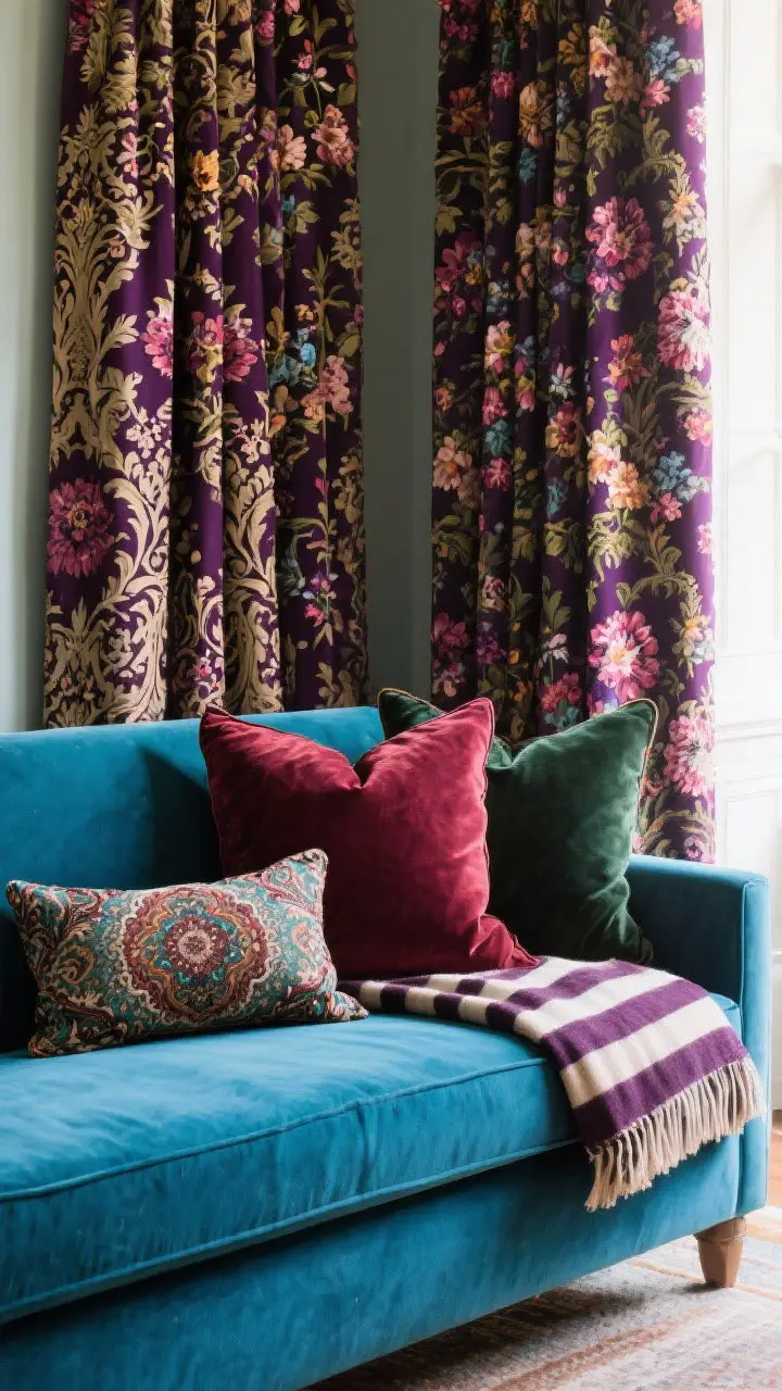 Medium shot: A sofa vignette layering patterns like a Victorian maximalist—damask curtains in aubergine, floral throw pillows in burgundy and deep green, a small-scale paisley lumbar, and a striped blanket—kept within the same color family; a solid peacock blue sofa grounding the mix; soft, diffused daylight for clarity of pattern scales.