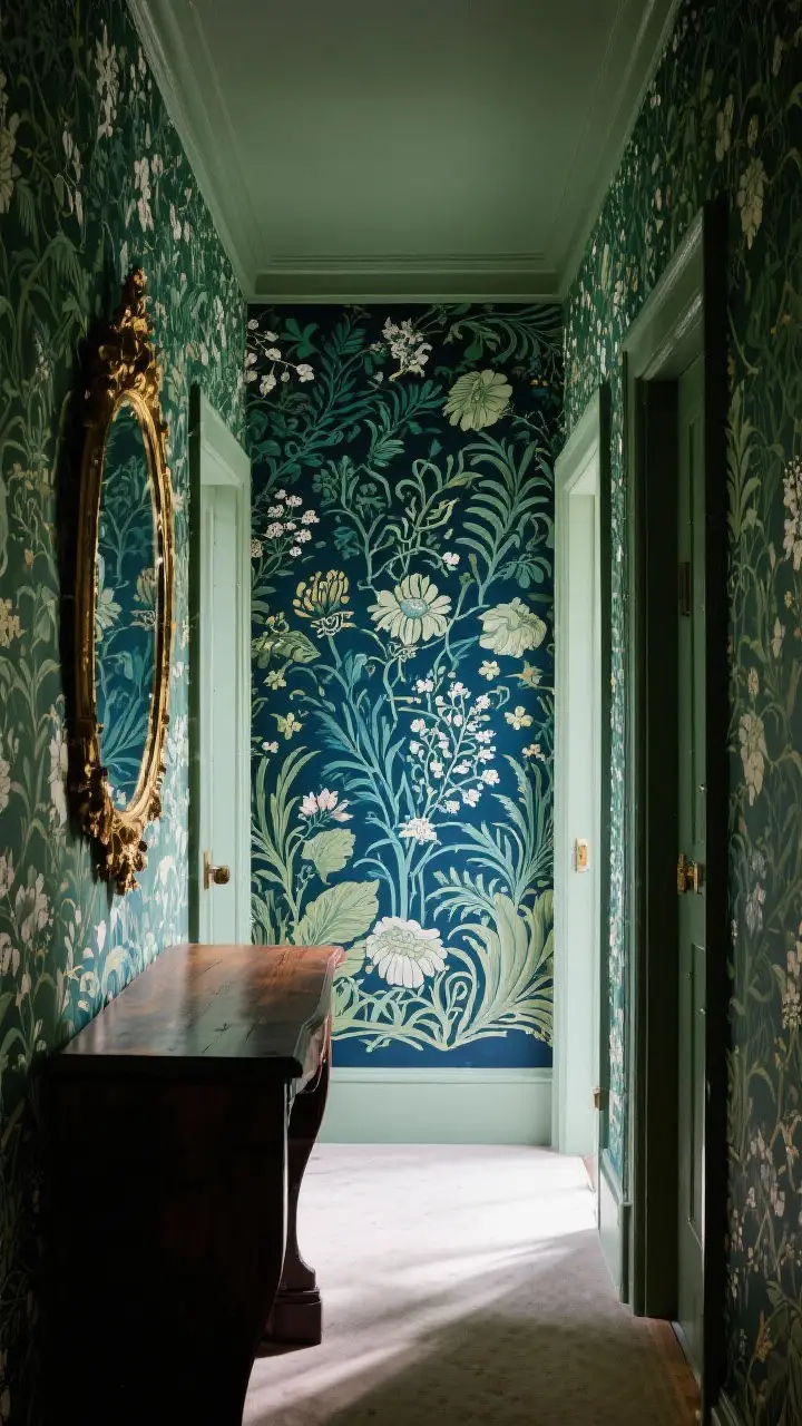 Medium shot: An entryway richly wrapped in William Morris–style botanical wallpaper in deep greens and peacock blue, with a dark wood console and aged gold mirror; a moody mural-style panel at the far wall; soft natural daylight highlighting the print; patterned yet refined Victorian character.