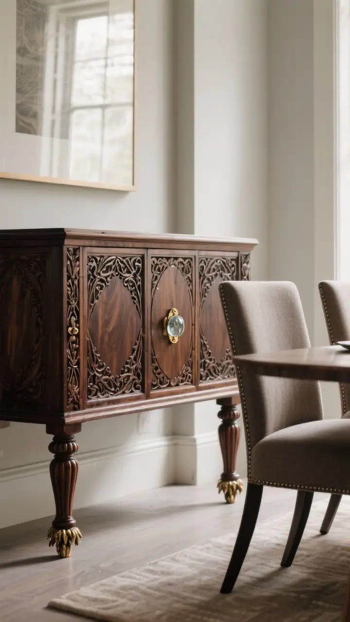 Medium shot: Carved wood furniture focus—a dark-stained walnut sideboard with turned legs, inlay details, and claw feet, refreshed with aged brass hardware and glass knobs; paired with modern dining chairs in a restrained fabric for balance; gentle side light accentuating carvings and sheen.