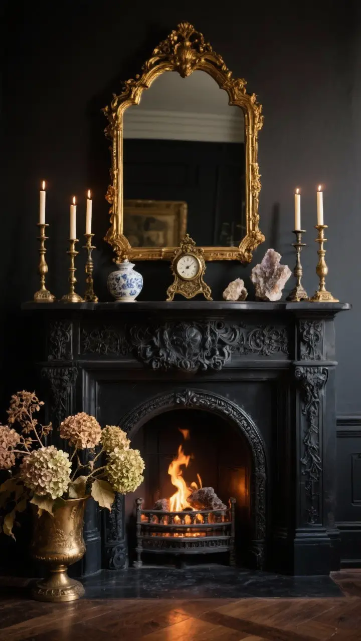 Medium shot: Dramatic mantel styling—an ornate inky charcoal fireplace with a large gilded mirror above; asymmetrical grouping of antique candlesticks, a small Victorian clock, and a few curios like porcelain and mineral specimens; seasonal dried hydrangeas; warm flicker-like lighting emphasizing gold highlights.