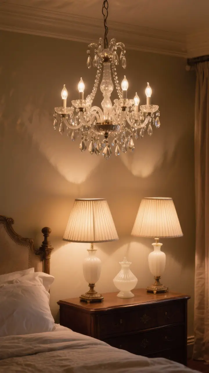Medium shot focusing on vintage lighting: a crystal chandelier overhead, bedside lamps with pleated shades, and a small milk-glass accent lamp on a dresser; all on warm white bulbs with a dim, romantic ambiance; rich shadows, gentle sparkle from crystal, no harsh LEDs.