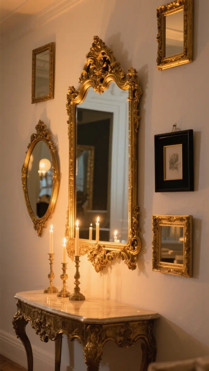 Medium shot: Gilded mirrors and frames vignette—a large ornate gold mirror over a console reflecting candlelight, flanked by a convex antique-style mirror and matte black frames mixed with gold frames on the wall; warm evening glow bouncing around the space to add depth and romance.