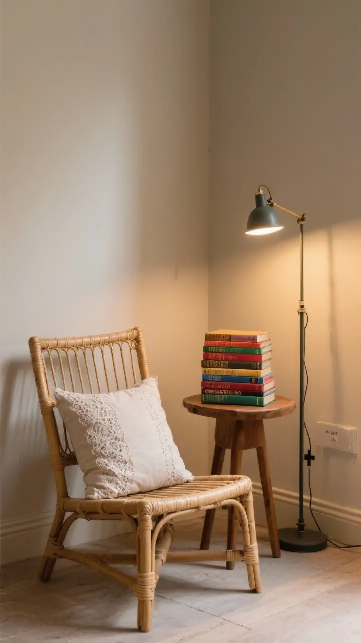 Medium shot of a reading nook: a cane chair with a small lace or linen pillow, a tiny wooden side table holding a stack of clothbound books with colorful spines, and a pharmacy floor lamp providing focused light; intimate corner angle with warm, directed illumination.