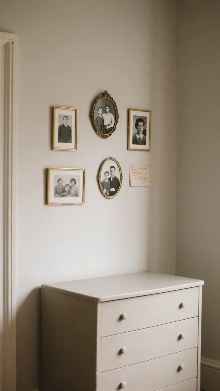 Medium shot of a small gallery above a dresser: black-and-white family photos in oval and thin brass frames, arranged cohesively; one handwritten note or postcard mixed in; soft, nostalgic lighting, muted wall color to let the frames stand out.