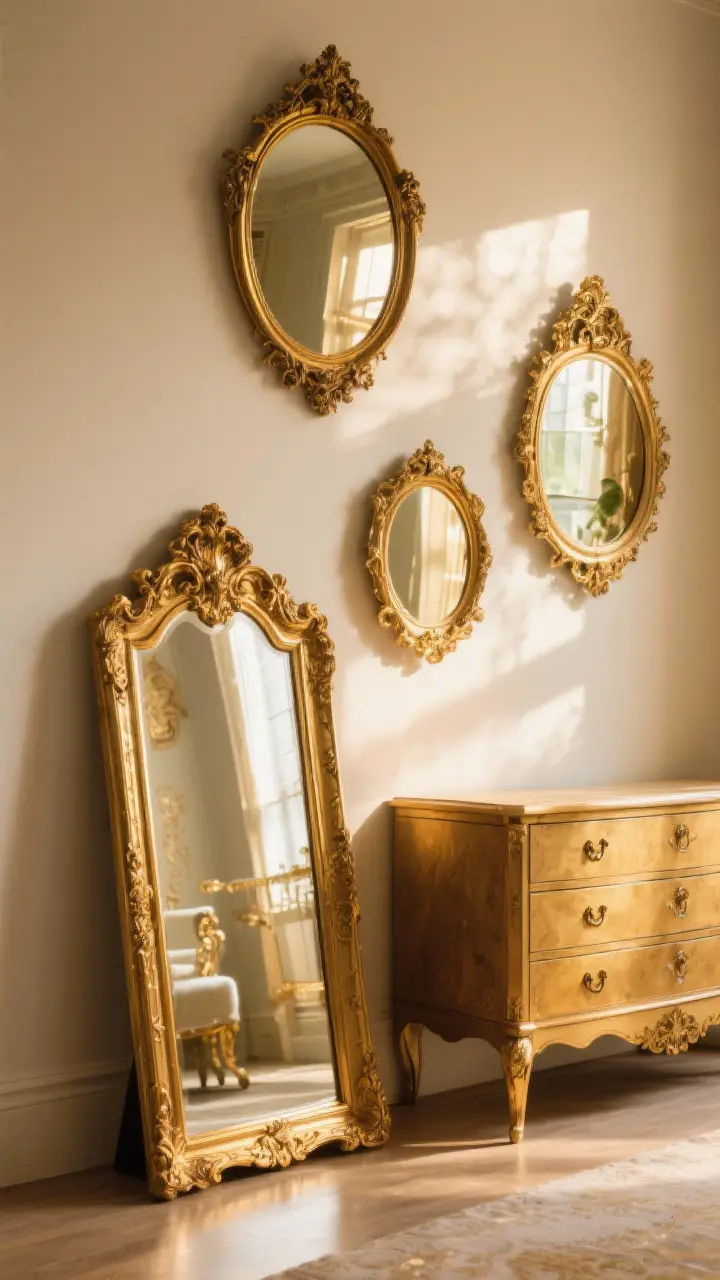 Medium shot of a wall with three gilded mirrors: one large ornate gold-framed floor mirror leaning casually and two smaller ornate frames clustered above a dresser; warm reflections bouncing light, gold tones matching nearby hardware; soft afternoon glow for old-world glamour.