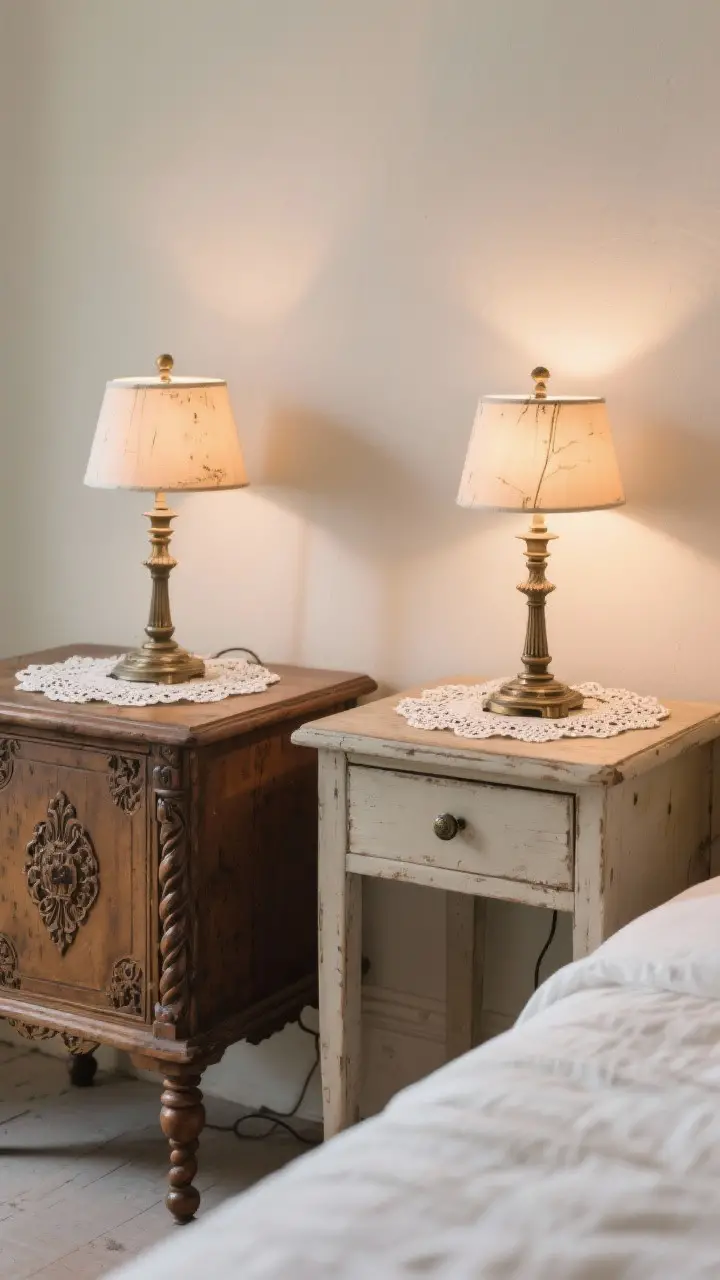 Medium shot of mismatched antique nightstands flanking a bed: one with carved details and turned legs, the other simpler with original knobs, both lightly waxed to preserve patina; lace doilies under a pair of vintage lamps with soft warm bulbs; subtle scratches and wear visible, cozy ambiance, neutral backdrop.