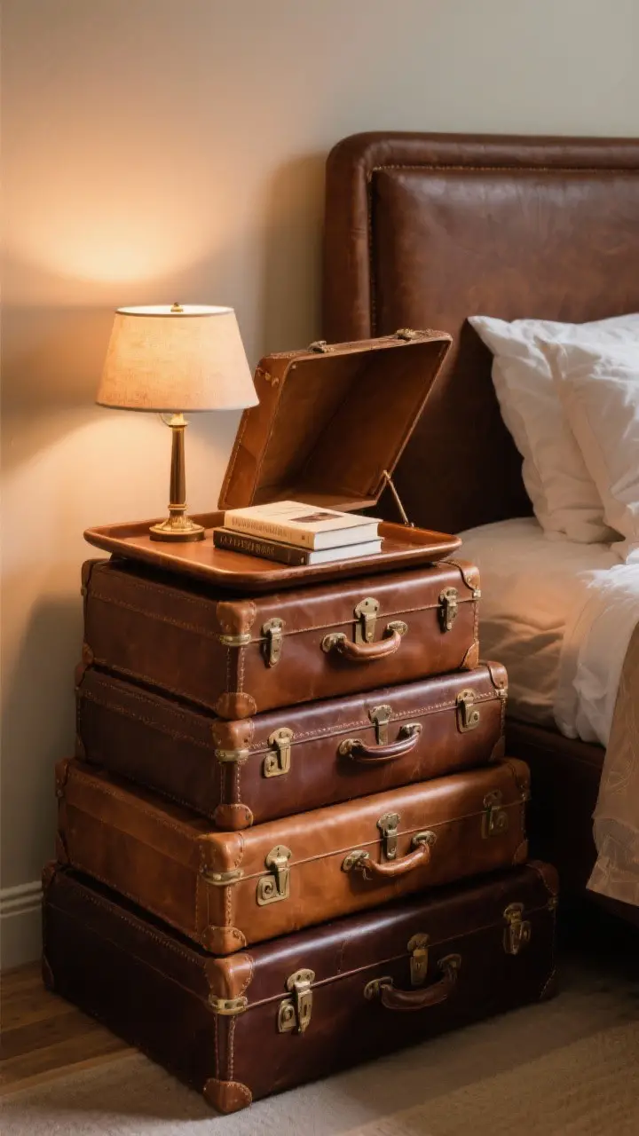 Medium shot of stacked vintage trunks and leather suitcases used as a bedside table: rich brown leather conditioned to a soft sheen, a tray on top for stability holding a small lamp and book; lid slightly open hinting at stored bedding; warm, cozy lighting.