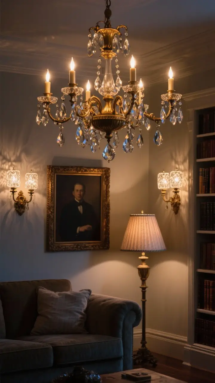 Medium shot: Ornate lighting vignette—an antique brass chandelier with cut crystal drops centered over a living area, candle-style LED bulbs glowing warmly; matching etched-glass wall sconces flanking a framed portrait; a fabric-shade floor lamp in the corner suggesting a cozy library vibe; dim evening ambiance.