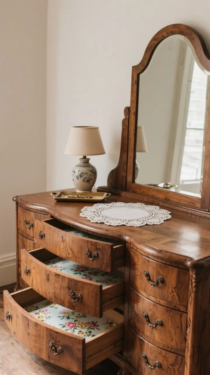 Medium straight-on shot of a substantial vintage dresser: solid wood, dovetail joints visible in an open drawer, curved drawers and attached mirror; surface topped with a doily, ceramic lamp, and tray; drawers lined with floral paper peeking out; beeswax-polished sheen.