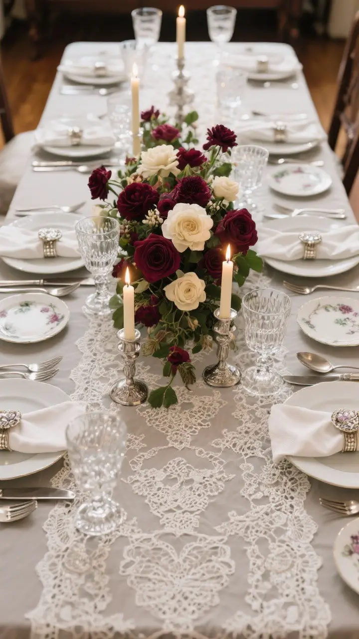 Overhead shot: Victorian tablescape—lace runner, cut crystal glassware sparkling, silver-look flatware, floral china layered with modern white dinner plates; low, lush floral centerpiece of deep burgundy and cream blooms; cloth napkins with classic napkin rings; candlelit ambiance with taper candles.
