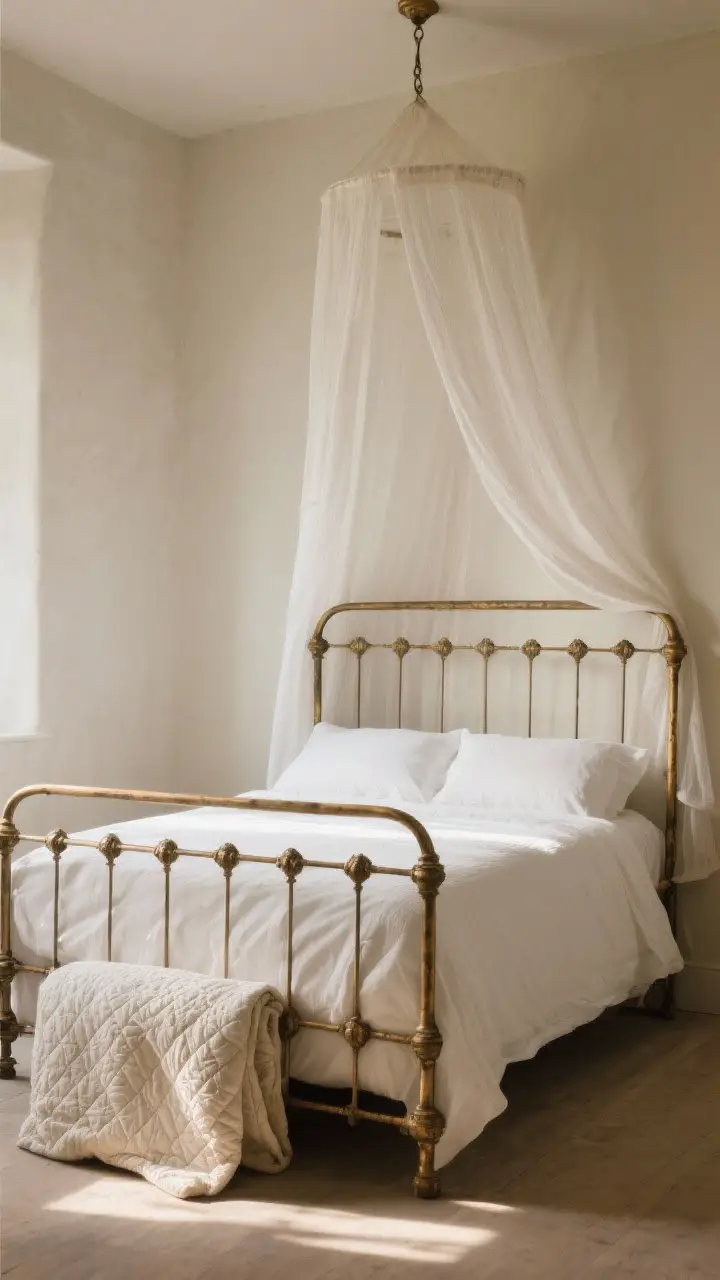 Photorealistic medium shot of a vintage-inspired bed as the focal point: an iron or aged brass frame with curved details, crisp white bedding, an airy voile canopy draped from the ceiling, and a hand-stitched quilt folded at the foot; warm morning light, subtle patina on metal, soft shadows, neutral walls to let the bed’s craftsmanship shine.