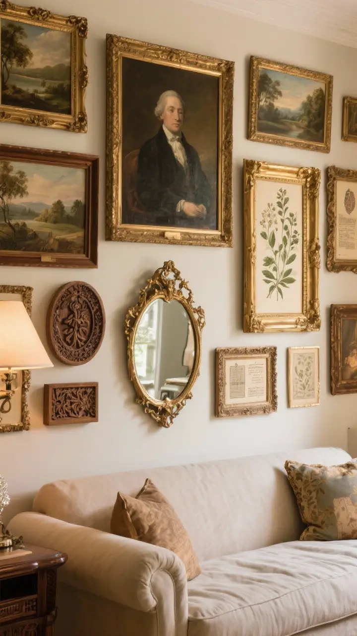 Straight-on medium shot: A layered gallery wall above a sofa—oil portraits, landscapes, and gilded frames mixed with carved wood and aged brass frames; an antique mirror adding sparkle; botanical prints and vintage book plates interspersed; one larger portrait anchors the arrangement; warm, ambient lighting for a collected feel.