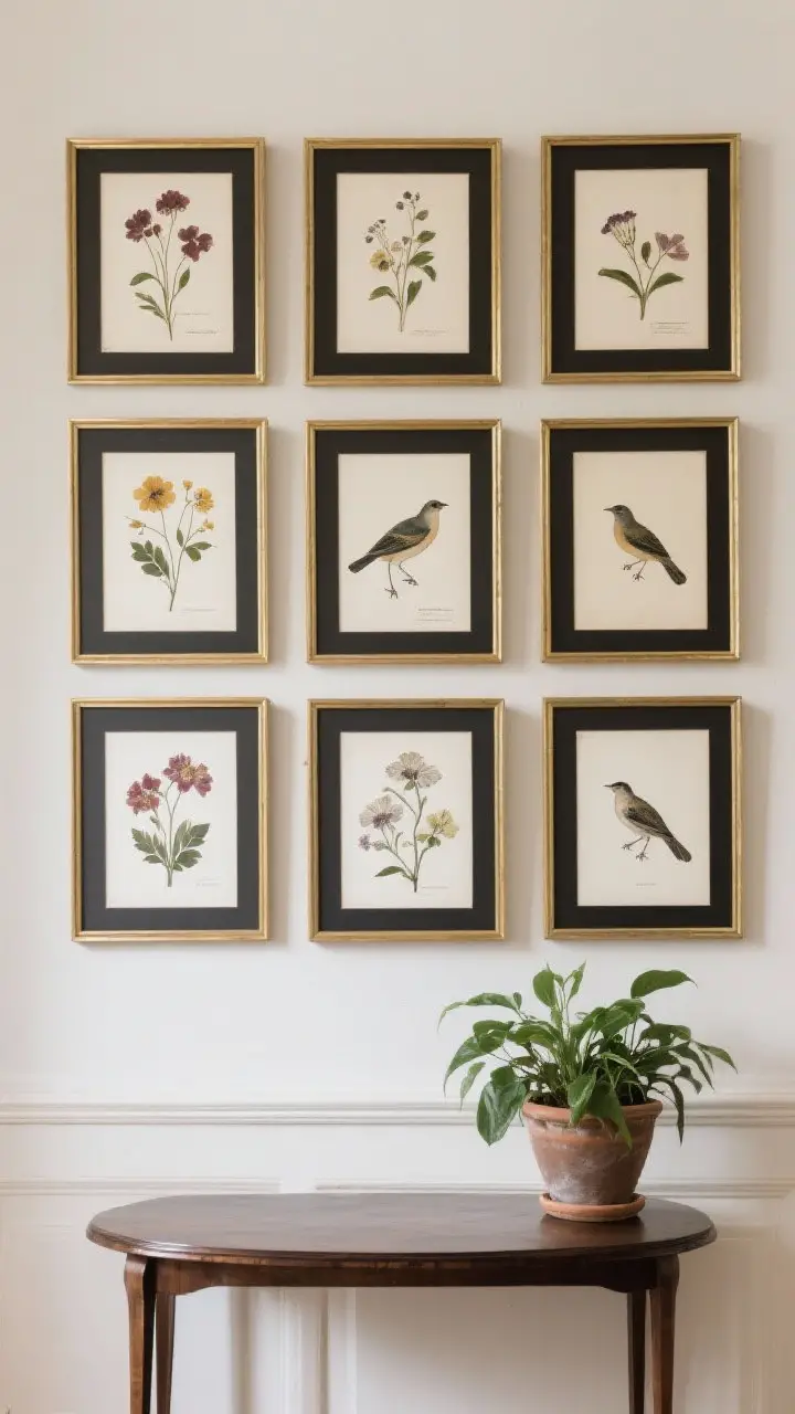 Straight-on medium shot of a gallery wall of botanical art: pressed flowers and antique bird prints framed in slim gold and black frames with wide mats, hung in a symmetrical grid; a real potted plant on a nearby table for freshness; calm, classic mood with even natural light.