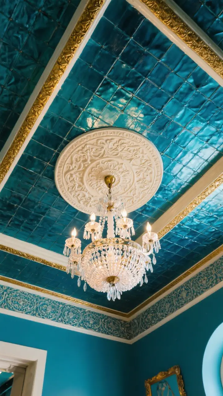 Upward angle detail: Ornamental ceiling treatment—tin-style tiles painted a shade darker than the peacock blue walls for a jewel-box effect; an ornate ceiling medallion at half the chandelier’s diameter in a subtle contrasting cream; delicate gilding on beams catching the light of the chandelier.
