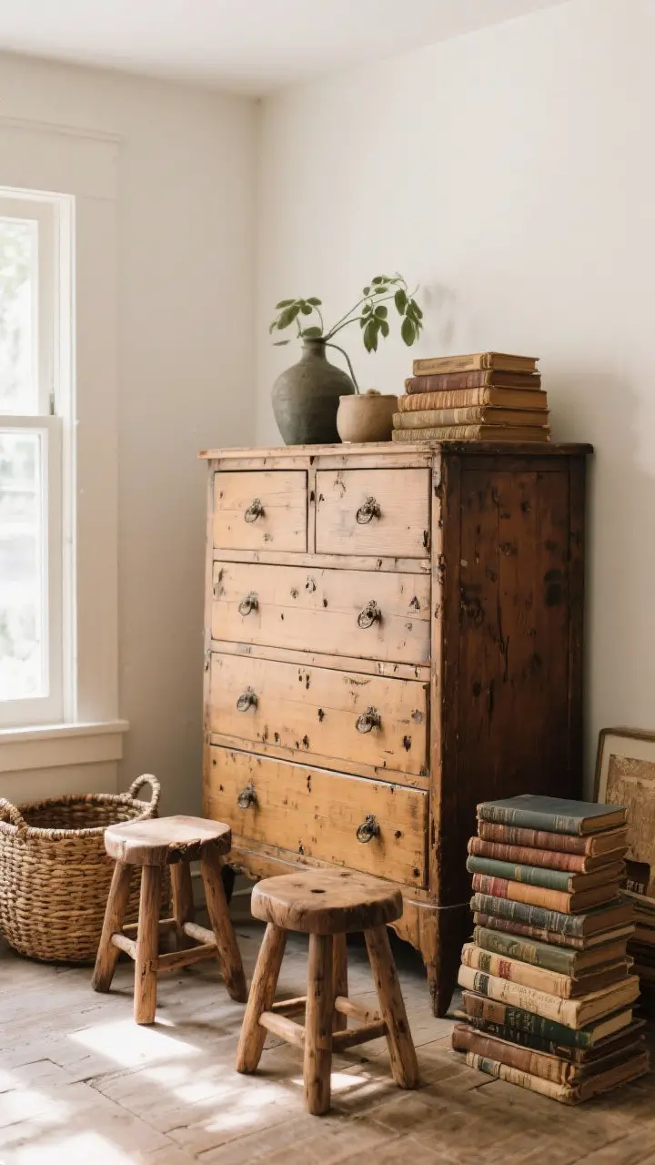 Wide corner shot mixing one hero antique with thrifted finds: a solid wood antique dresser as the star, surrounded by thrifted wood stools, woven baskets, and a stack of worn old books; imperfections like small dings and scratches visible; balanced, lived-in composition with warm natural light.