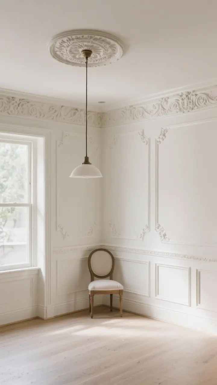 Wide shot: A room transformed with architectural details—paintable polyurethane wainscoting and ornate crown molding in satin finish catching the light; chair rails and a picture rail defining the walls; a simple pendant elevated by a decorative ceiling medallion; straight-on perspective emphasizing symmetry and depth.