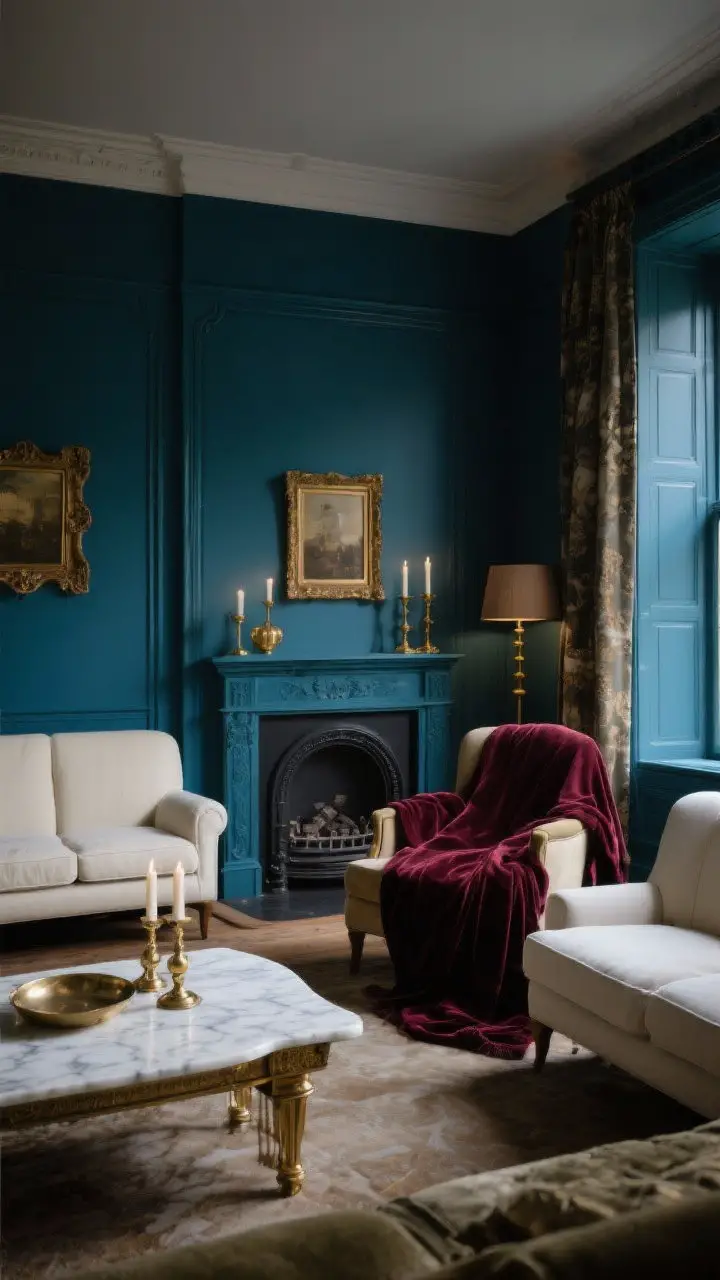 Wide shot: A Victorian-inspired living room bathed in soft, moody evening light, walls and trim painted the same deep peacock blue for a cocoon effect, balanced with pockets of cream upholstery and an ivory marble-topped console; warm metallic accents in antique brass frames and aged gold candleholders subtly glinting; inky charcoal fireplace surround; a burgundy velvet throw draped over a chair for contrast.