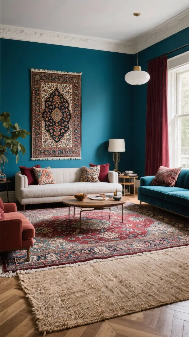 Wide shot: Living room anchored by a patterned Persian rug sized generously under furniture; a smaller Persian layered over a neutral jute rug for depth; colors echoing peacock blue walls and burgundy accents; natural daylight from the side, highlighting intricate rug weaving.
