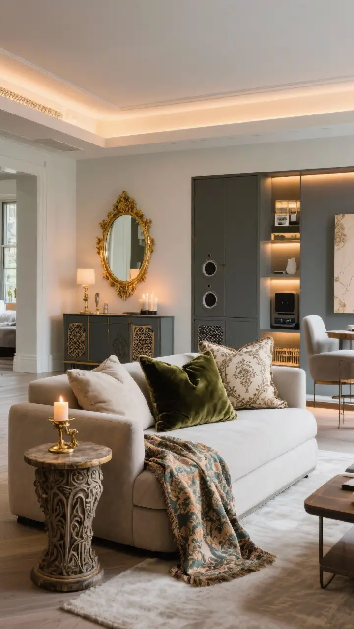 Wide shot: Modern comfort meets Victorian soul—a contemporary, comfortable sofa layered with Victorian textiles (velvet pillows, brocade throw), a carved side table with aged brass accents, and a gilded mirror tying the look together; hidden tech in a cabinet and decorative speaker grills; dimmable warm LED lighting at 2700K for a candle-like glow; clear pathways for livability.