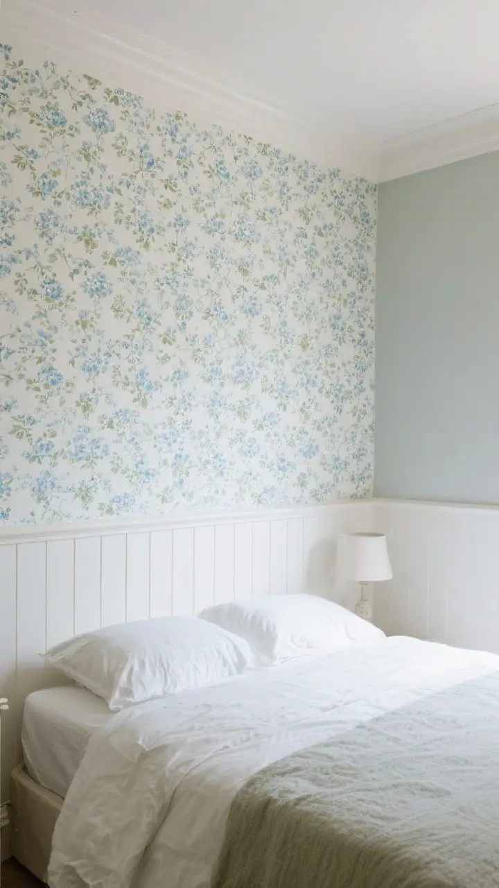 Wide shot of a bedroom feature wall behind the bed covered in small-scale floral wallpaper in soft blues and sage; crisp white wainscoting below; the rest of the room in a muted neutral; natural daylight, minimal decor to avoid overwhelm, clean lines with nostalgic pattern as the quiet backdrop.