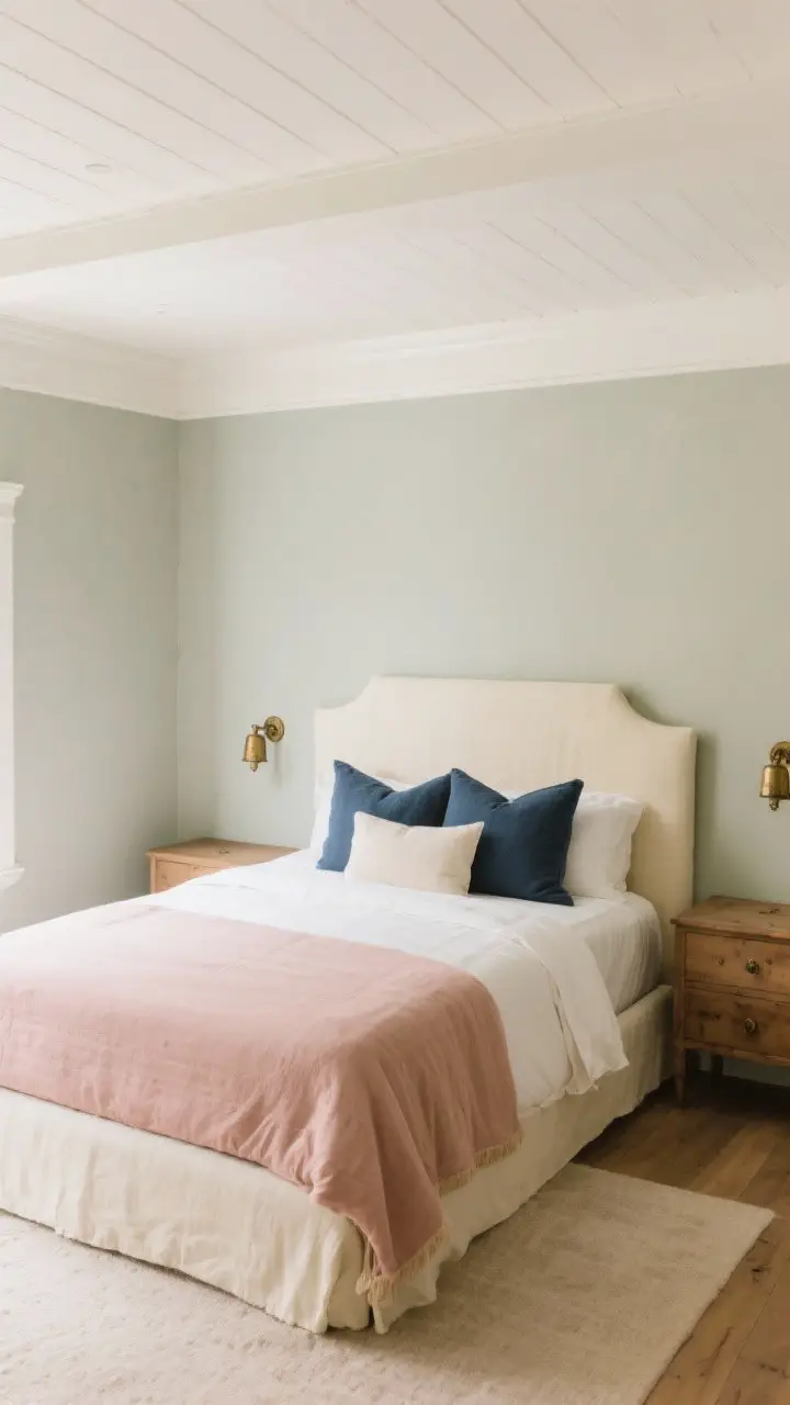 Wide shot of a bedroom showcasing a time-softened palette: walls in chalky sage or greige, accents of dusty rose and buttercream, with small hits of navy in pillows; warm white ceiling for bounce; wood tones and aged brass hardware popping subtly in warm, even light.