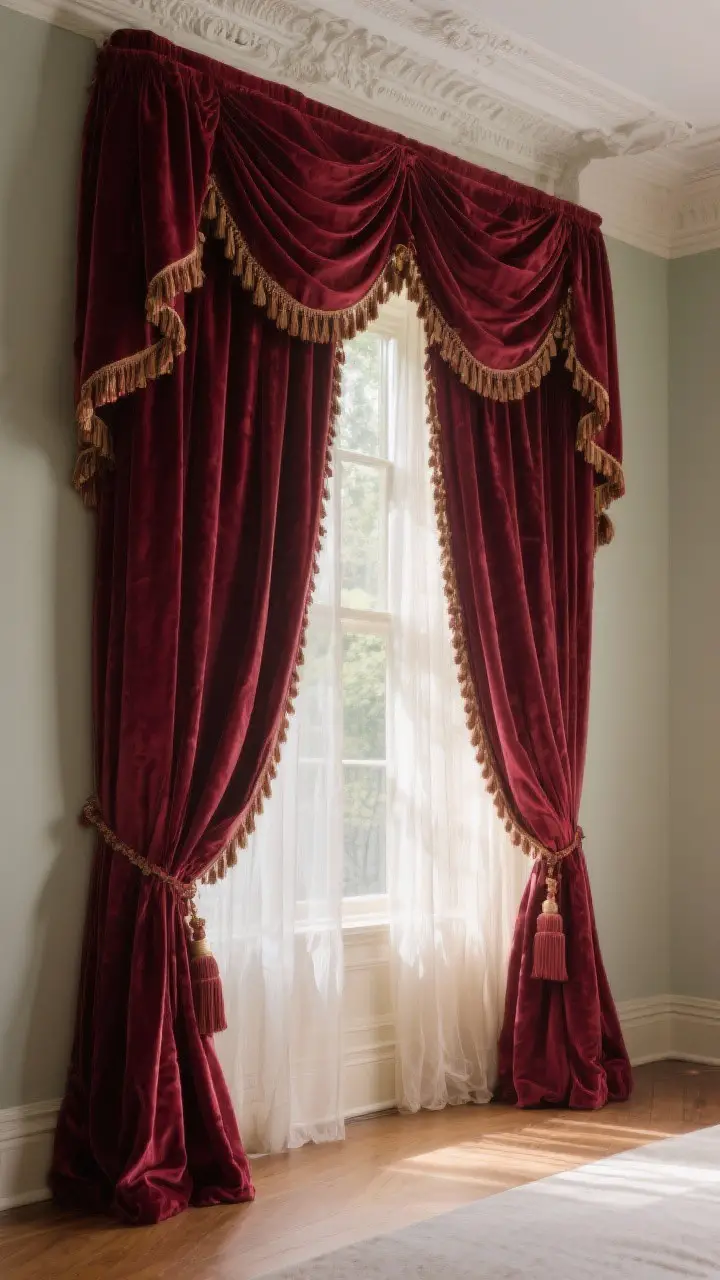 Wide shot: Victorian window treatments—floor-to-ceiling velvet drapery in deep burgundy with tassel trim, mounted close to the ceiling to elongate the room; layered sheer panels beneath for daytime softness; blackout liners creating full, luxurious folds; afternoon light filtering through the sheers.