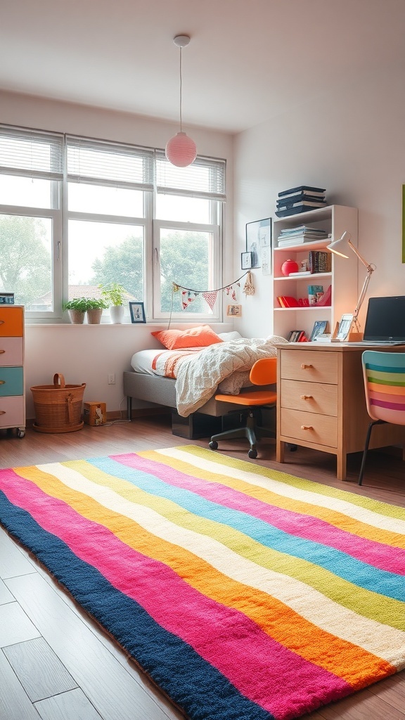 A colorful striped area rug in a cozy dorm room setting