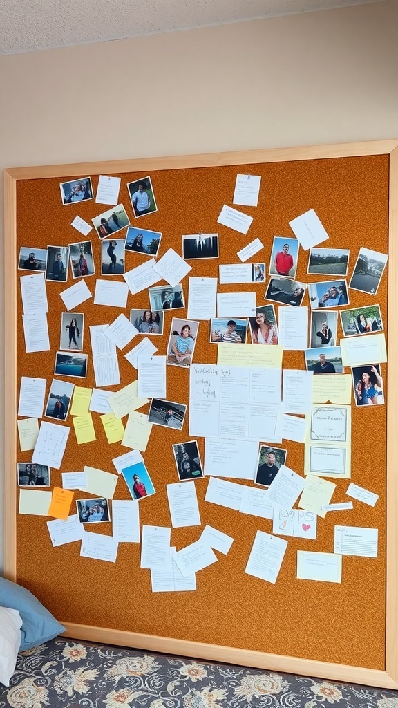 A corkboard filled with photos, notes, and reminders in a dorm room.