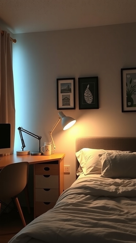 A cozy dorm room with a desk lamp and bedside lamp illuminating the space.