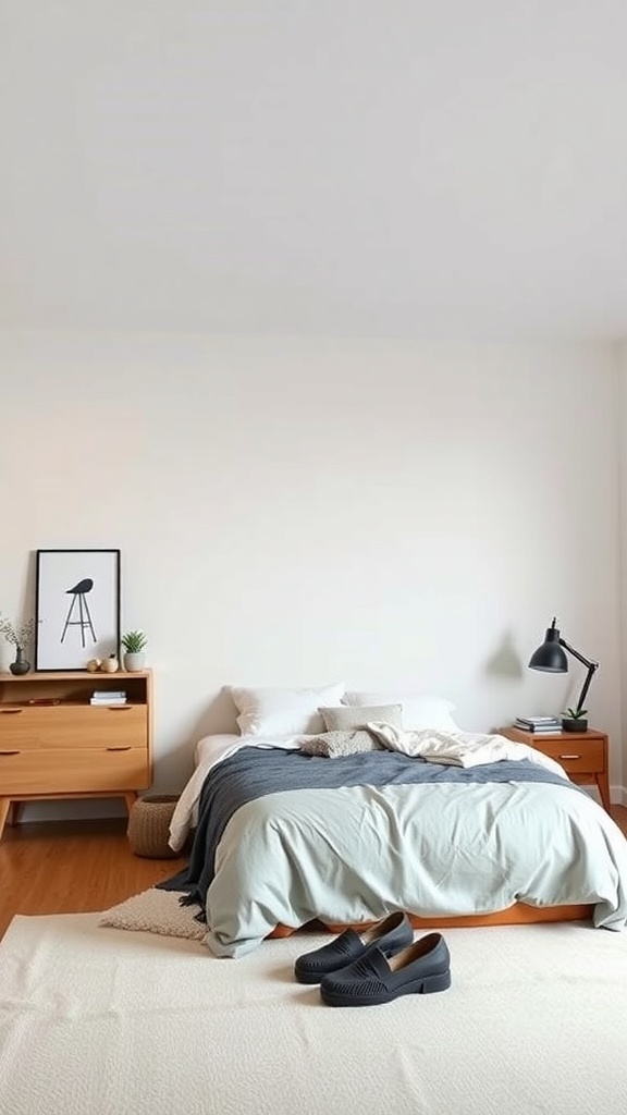 A minimalist bedroom with a bed, wooden furniture, and a few decorative items.