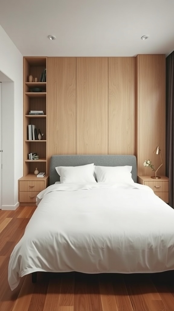 Minimalist bedroom featuring built-in wooden storage solutions, a bed with white bedding, and wooden flooring.