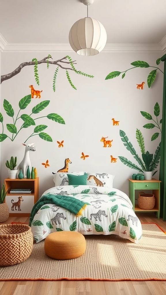 A jungle-themed bedroom with animal decals, green leaves, and playful bedding.