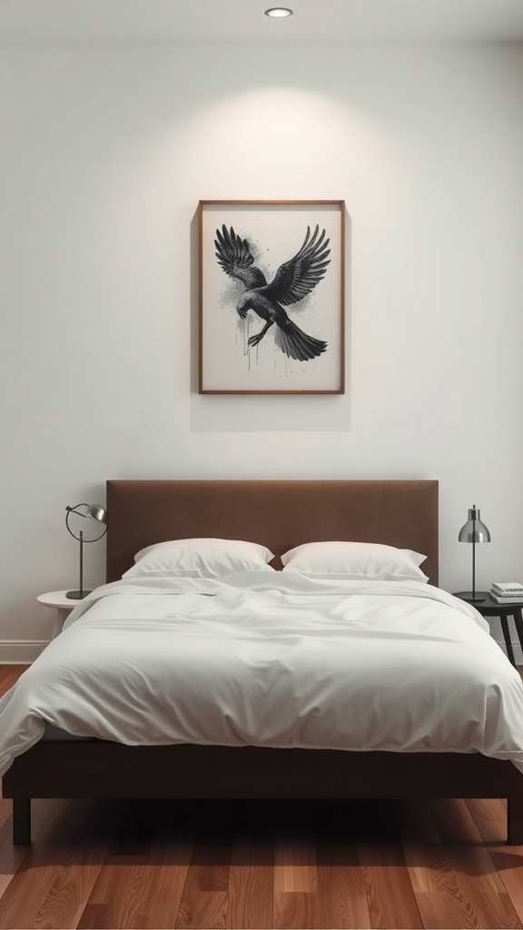 Minimalist bedroom with a bird artwork above the bed