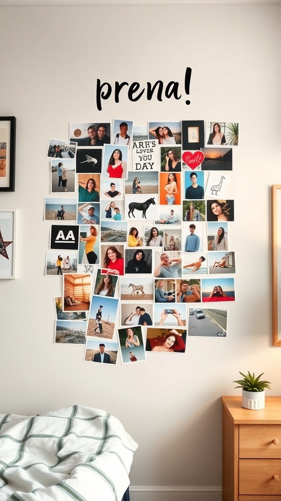A colorful DIY photo collage on a dorm room wall featuring various personal photos and decorative elements.