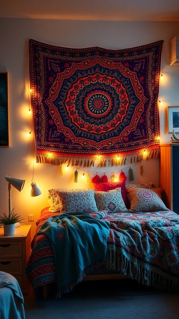 A cozy dorm room with a colorful wall tapestry, string lights, and a neatly made bed.