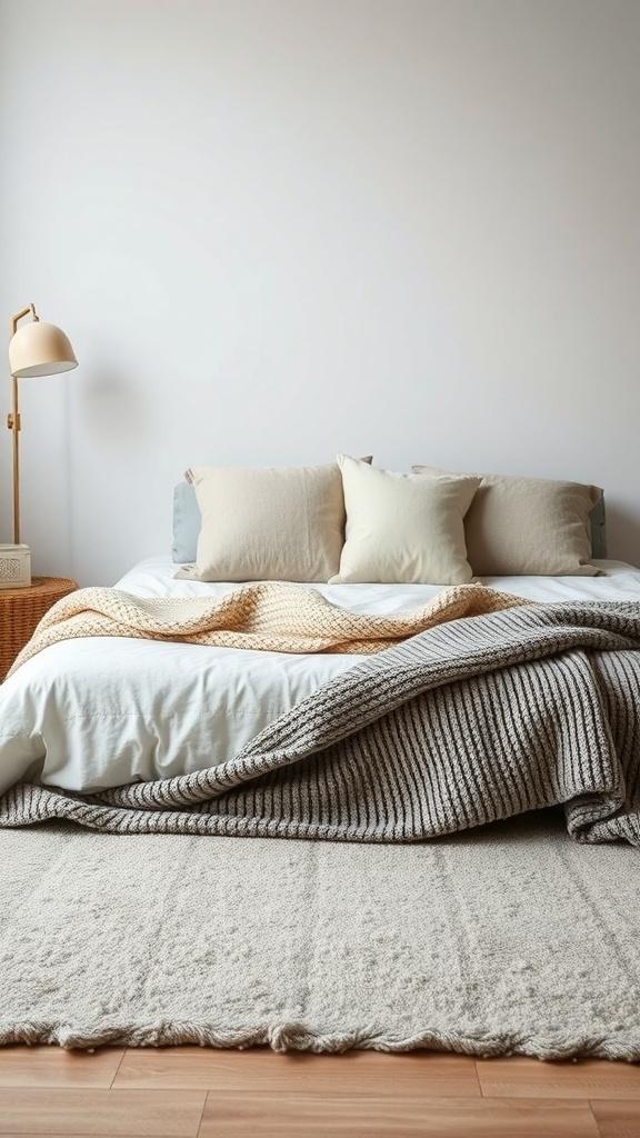 A minimalist bedroom featuring a layered bed with various textured blankets and pillows, complemented by a soft rug.