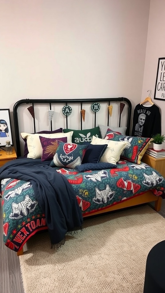 A colorful themed bedding set on a dorm bed with various decorative pillows and a cozy throw blanket.