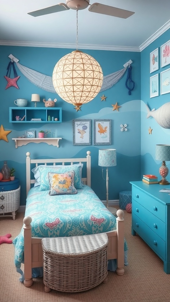 A small girl's bedroom decorated in an under the sea theme with blue walls, ocean-themed bedding, and playful decor.